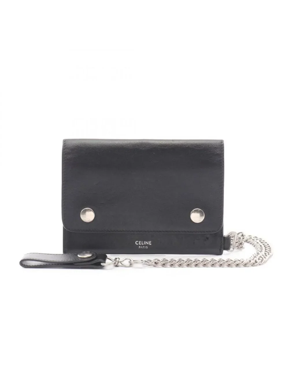 Celine Billfold Biker Chain Wallet Black Leather Shoulder